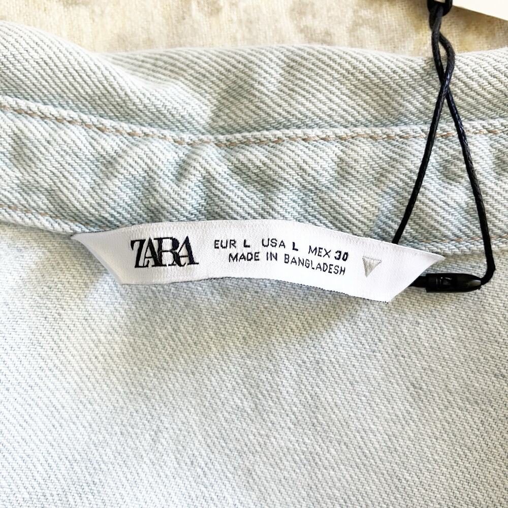 NWT Zara Womens Size Large Denim Mini Dress Long Sleeve Light Wash Blue Jean - Picture 3 of 8
